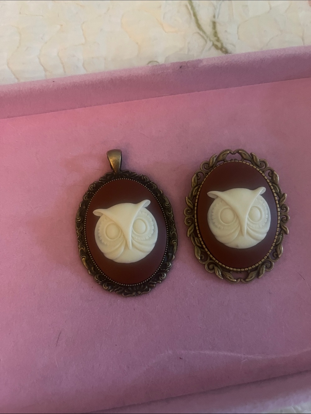 Owl Cameo Pendant and Brooch Set